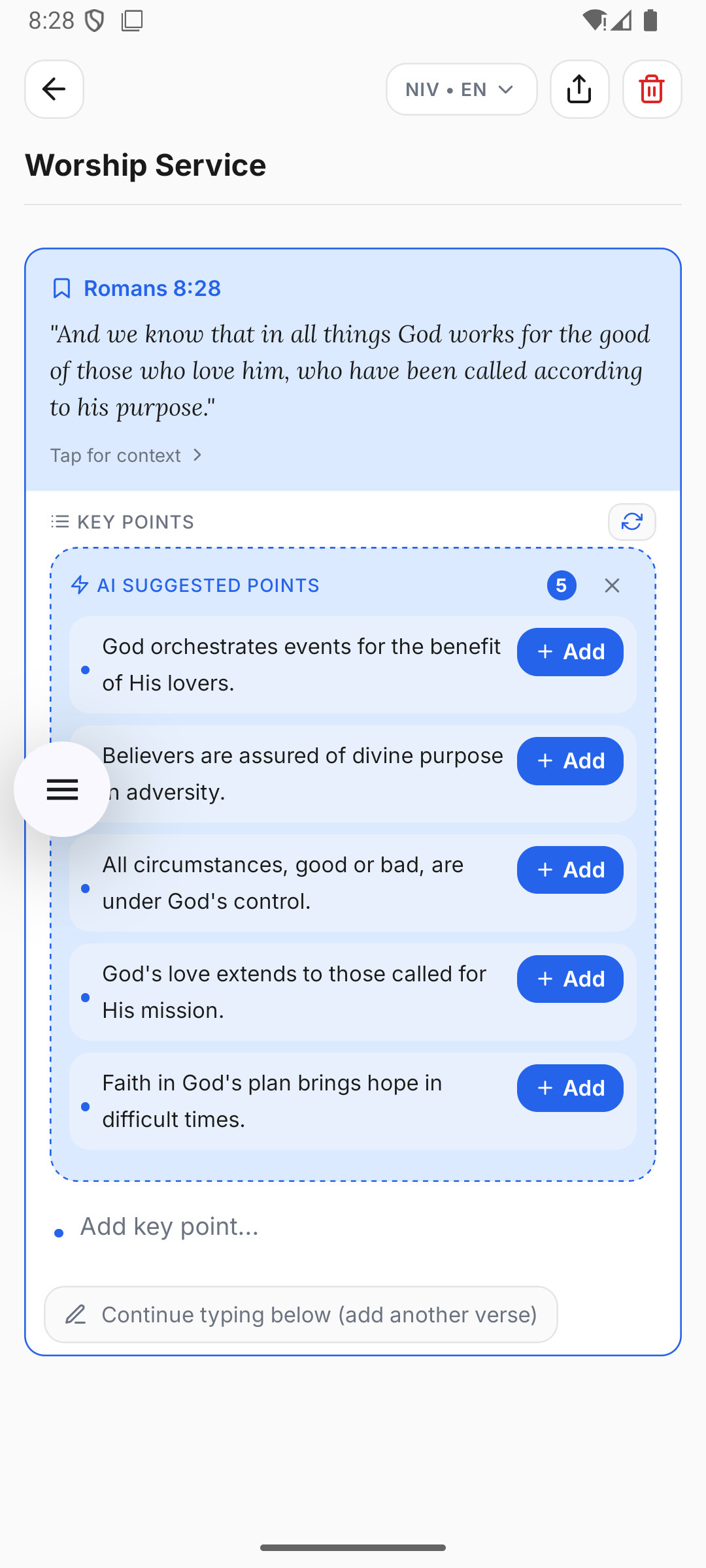 Pneuma Notes - Worship Service with AI Suggested Points